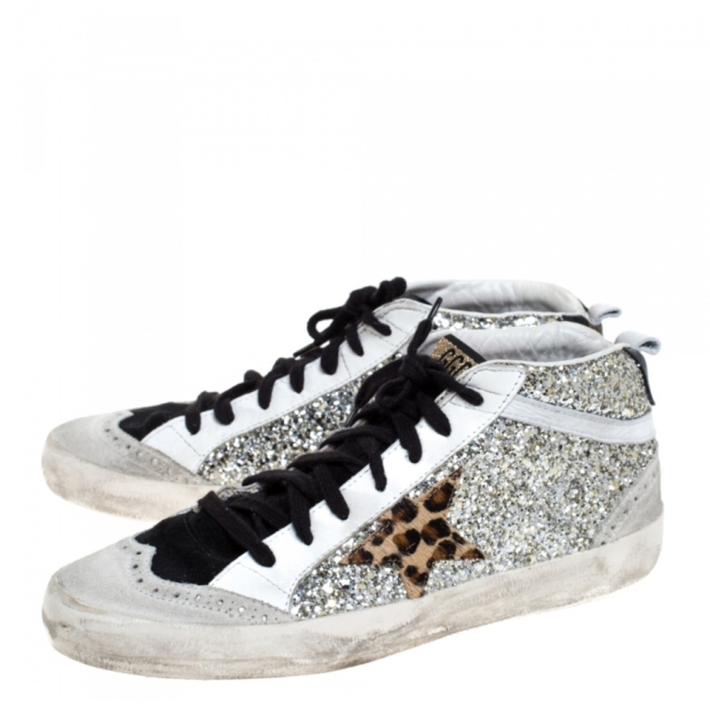 Golden Goose Silver & Black Mid Star Glitter Sneakers - Picture 2 of 8